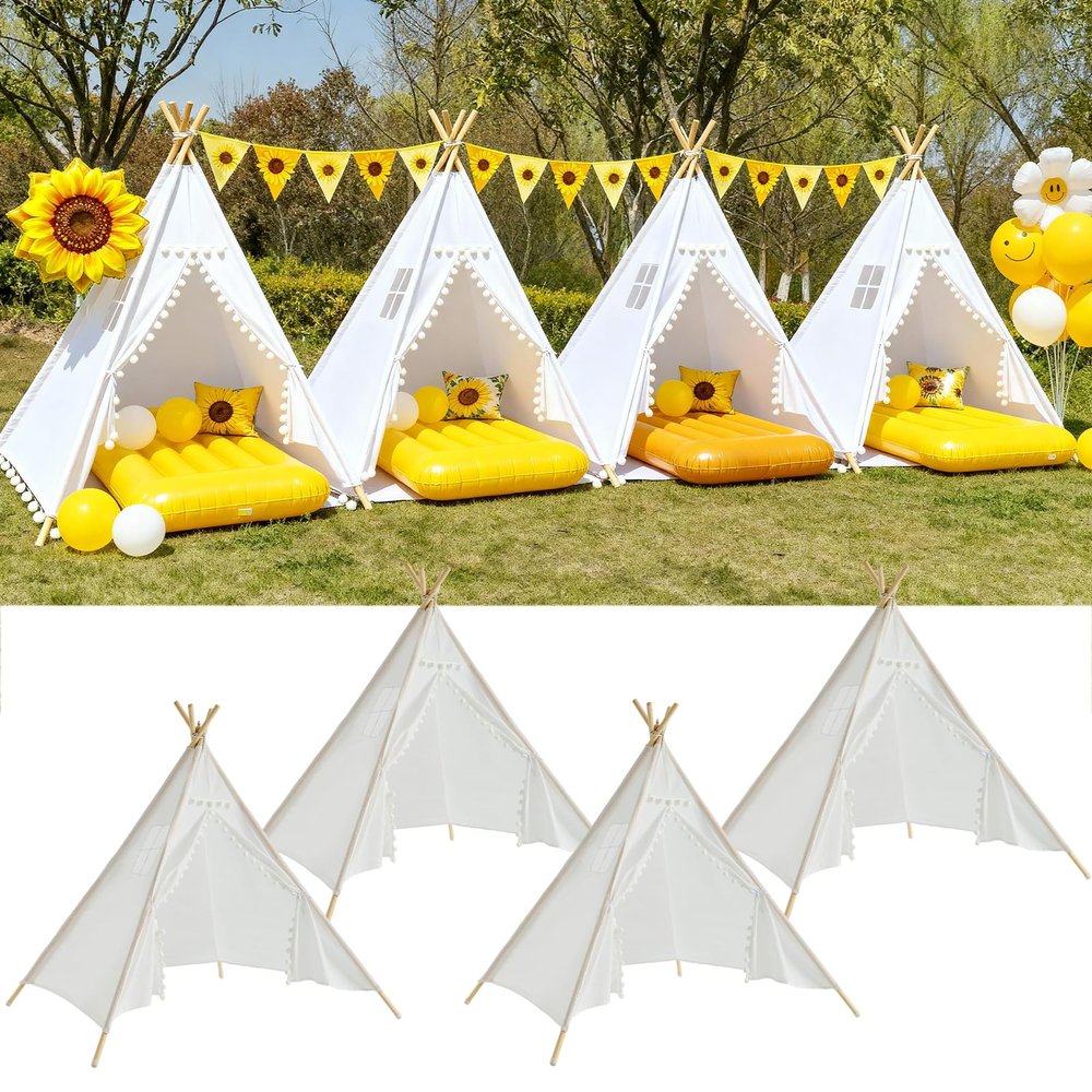 4 Pack Teepee Tent for Kids Slumber Party, Cotton Canvas Playhouse Sleepover Tent with Pompom for Girls & Boys Movie Night Holiday Party Supplies (White)
