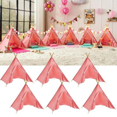 6 Pack Teepee Tent for Kids Slumber Party, Cotton Linen Play Tipi with Lights, Boho Sleepover Tent with Pompom for Girls & Boys Birthday Party Movie Night Supplies