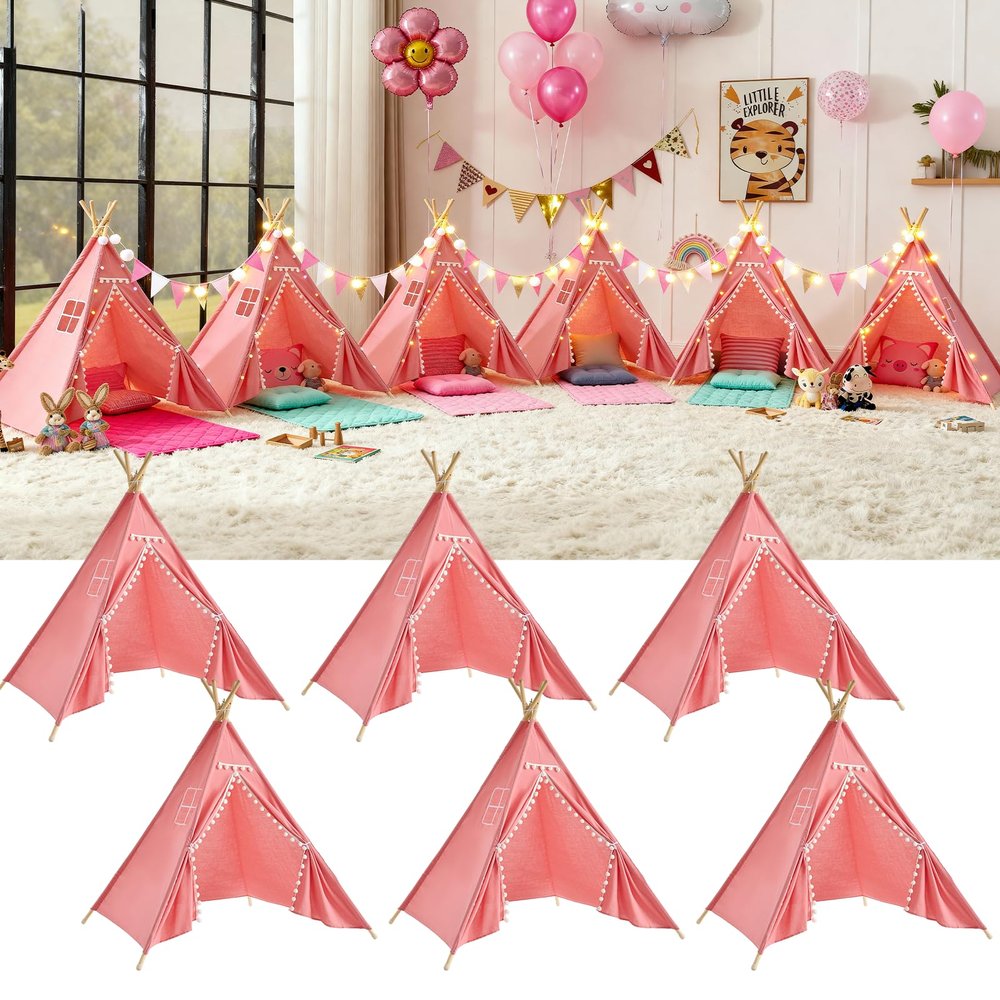 6 Pack Teepee Tent for Kids Slumber Party, Cotton Linen Play Tipi with Lights, Boho Sleepover Tent with Pompom for Girls & Boys Birthday Party Movie Night Supplies
