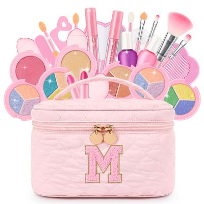 Kids Washable Makeup Set for Girls - 29Pcs Real Non-Toxic Play Make Up Kit Toys with Letter Cosmetic Bag - Dress Up Birthday Gifts for Toddler Age 3 4 5 6 7 8 9 10 Years Old Vanity Set - M