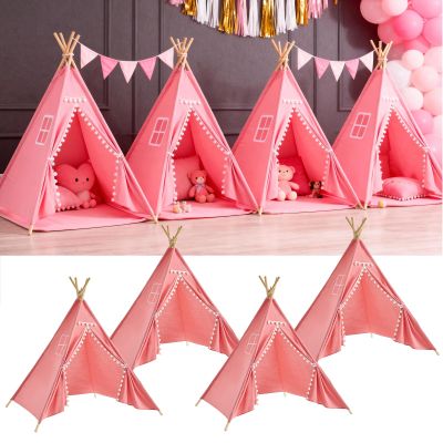 4 Pack Teepee Tent for Kids Slumber Party, Cotton Playhouse Tipi Sleepover Tent with Pompom & Lights for Girls & Boys Movie Night Birthday Party Supplies