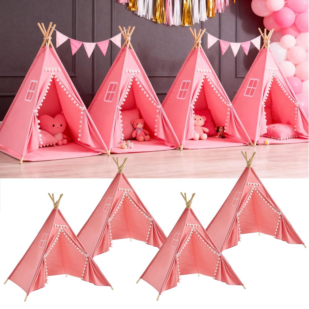 4 Pack Teepee Tent for Kids Slumber Party, Cotton Playhouse Tipi Sleepover Tent with Pompom & Lights for Girls & Boys Movie Night Birthday Party Supplies