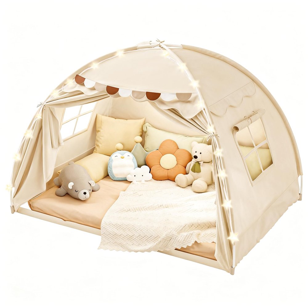 Dayacoco Bed Tent Twin for Kids, Toddler Bed Tent Indoor, Bed Canopy for Girl with Flags & Star Lights, Portable & Foldable Teepee Playhouse Outdoor, 78.7x39.4x47.2in, Cream