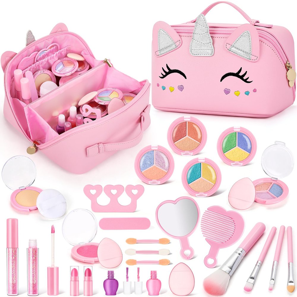Kids Washable Makeup Kit for Girls with Cosmetic Bag - 29 Pcs Real Non Toxic Make up Set for Toddlers - Valentines Day Gifts for Kids - Unicorn Makeup Toy for 3 4 5 6 7 8 9 10 Years Old Birthday Gift