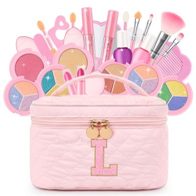Kids Washable Makeup Set for Girls - 29Pcs Real Non-Toxic Play Make Up Kit Toys with Letter Cosmetic Bag - Dress Up Birthday Gifts for Toddler Age 3 4 5 6 7 8 9 10 Years Old Vanity Set - L