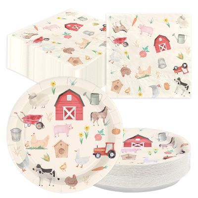 100 Pcs Farm Chicken Party Supplies Silly Goose Chicken Flower Horse Cow Plates and Napkins Disposable Farm Animals Tableware Set for Farmer Kids Tea Party Baby Shower Party Decorations Serves 50