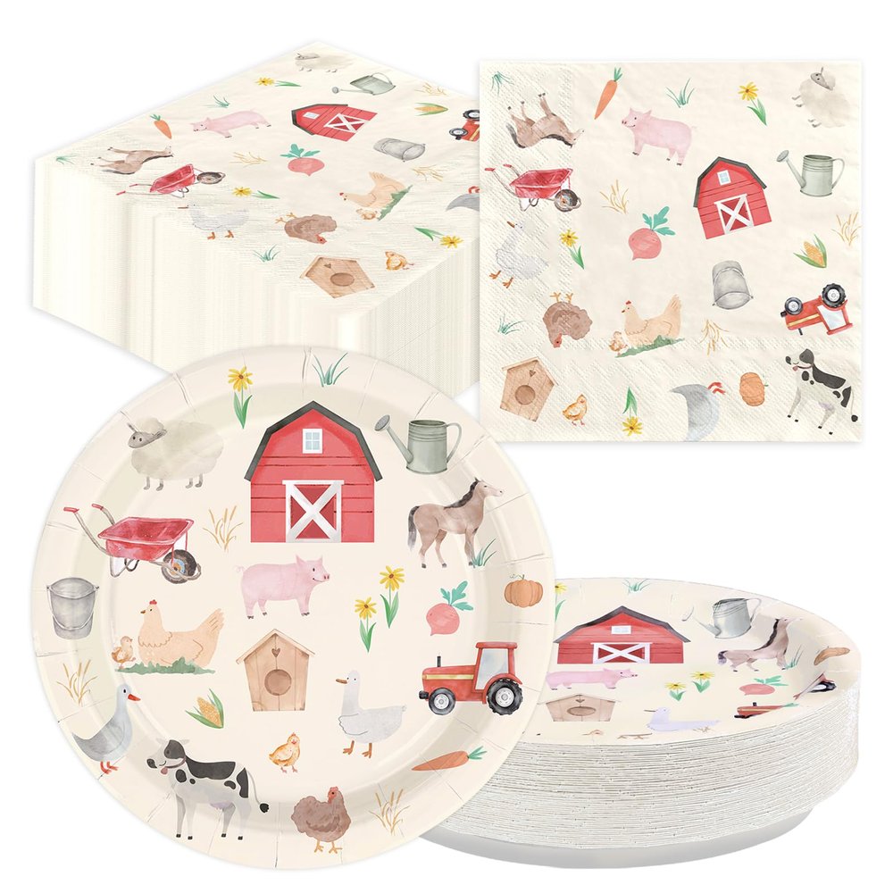 100 Pcs Farm Chicken Party Supplies Silly Goose Chicken Flower Horse Cow Plates and Napkins Disposable Farm Animals Tableware Set for Farmer Kids Tea Party Baby Shower Party Decorations Serves 50