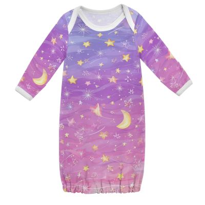 CuwrYet Baby Sleep Gown Cotton Nightgown Infant Pajamas Overlap Neck Elastic Bottom Easy Change Newborn 3 6 12 Months Gradient Pink Purple Shine Stars Moon