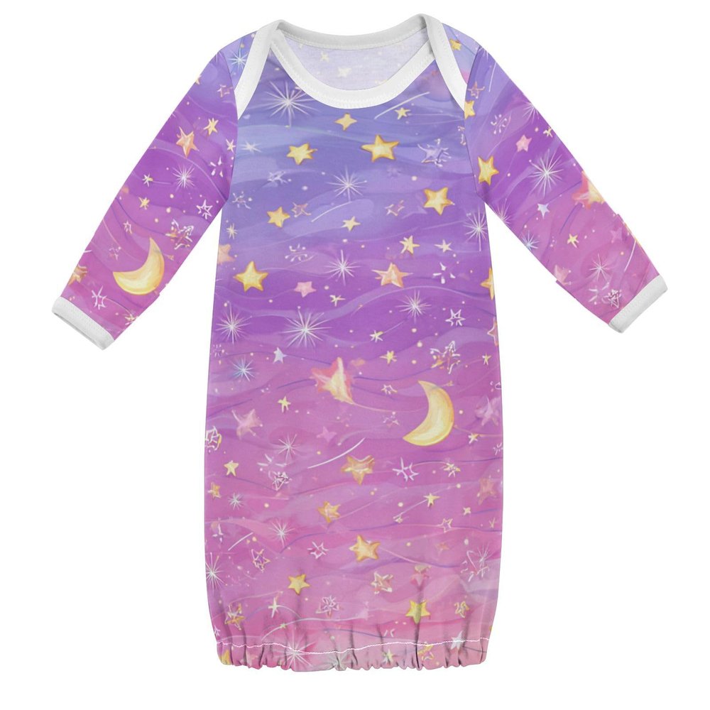 CuwrYet Baby Sleep Gown Cotton Nightgown Infant Pajamas Overlap Neck Elastic Bottom Easy Change Newborn 3 6 12 Months Gradient Pink Purple Shine Stars Moon