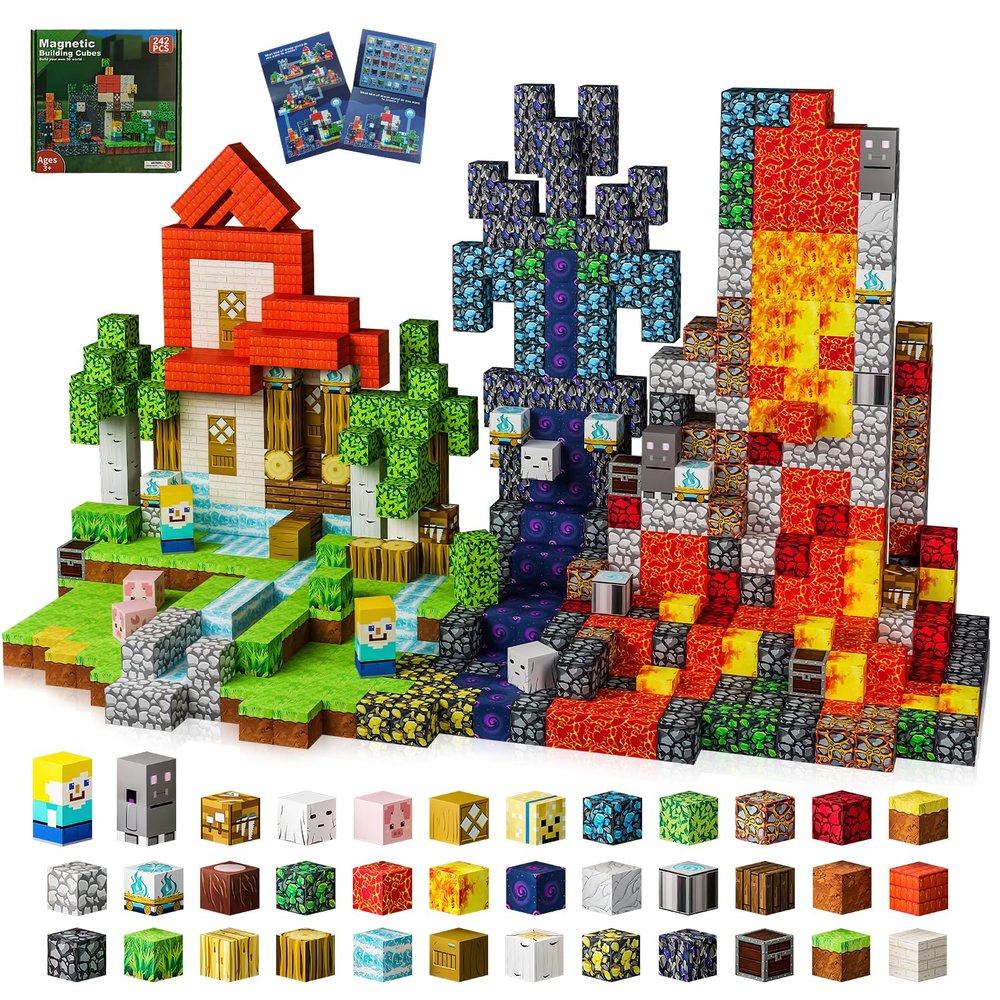242 PCS 0.8 Inch Magnetic Blocks, STEM Sensory Toys with Storage Bag, Magnetic Building Blocks for Boys & Girls Age 3-8, Educational Stacking Magnets Cubes for Creativity, Birthday Gift for Ages 4-10