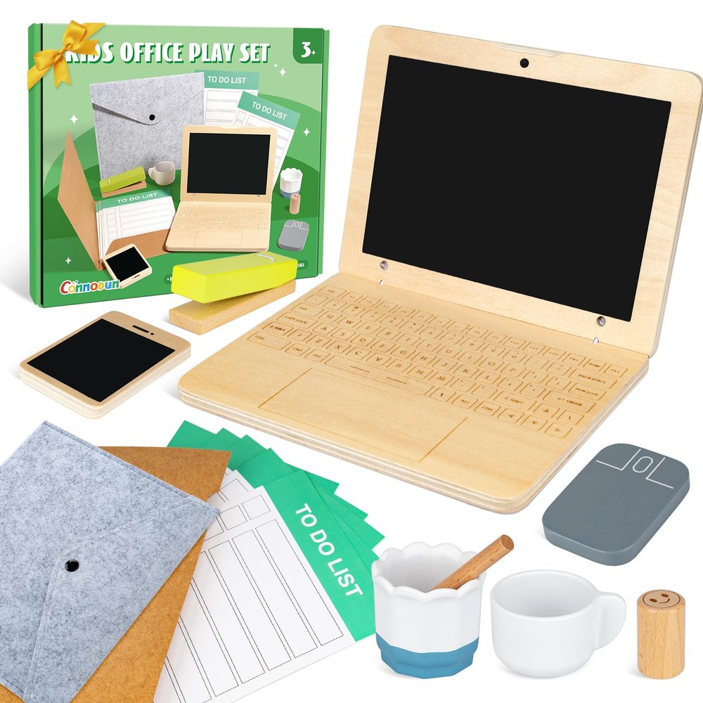 Wooden Pretend Play Home Office Set, Commodum 11pcs Office Work Playset for Kids, Includes Wooden Toy Laptop & Phone, Mouse, Cup, Folder, Birthday for Preschool Toddlers Ages 3+ Years