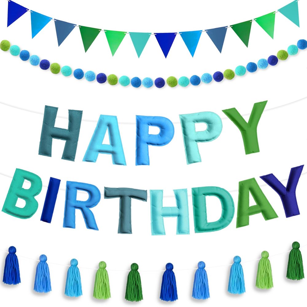 4PCS Pre-Strung Happy Birthday Banner - Felt Happy Birthday Garland, Ball Garland, Felt Pennant Flag, Blue Thread Tassel Reuasble Party Decorations for Boys Men Kids