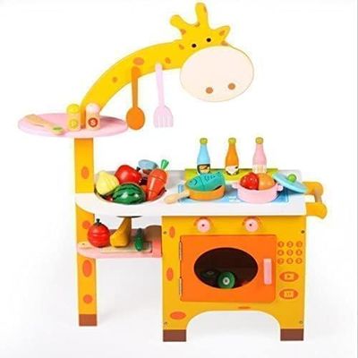 Kids Pretend Play Wooden Toy Giraffe Kitchen PlaySet