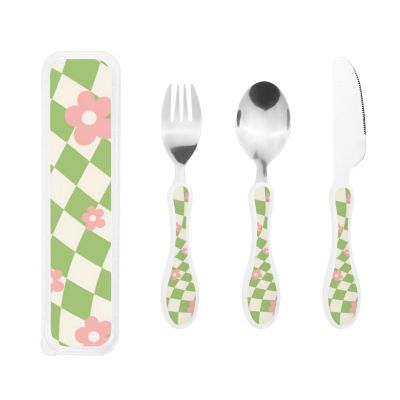 Green Pink Checkered Floral Gourd Handle Knife Fork Spoon Three Piece Set, Suitable For Carrying Outside