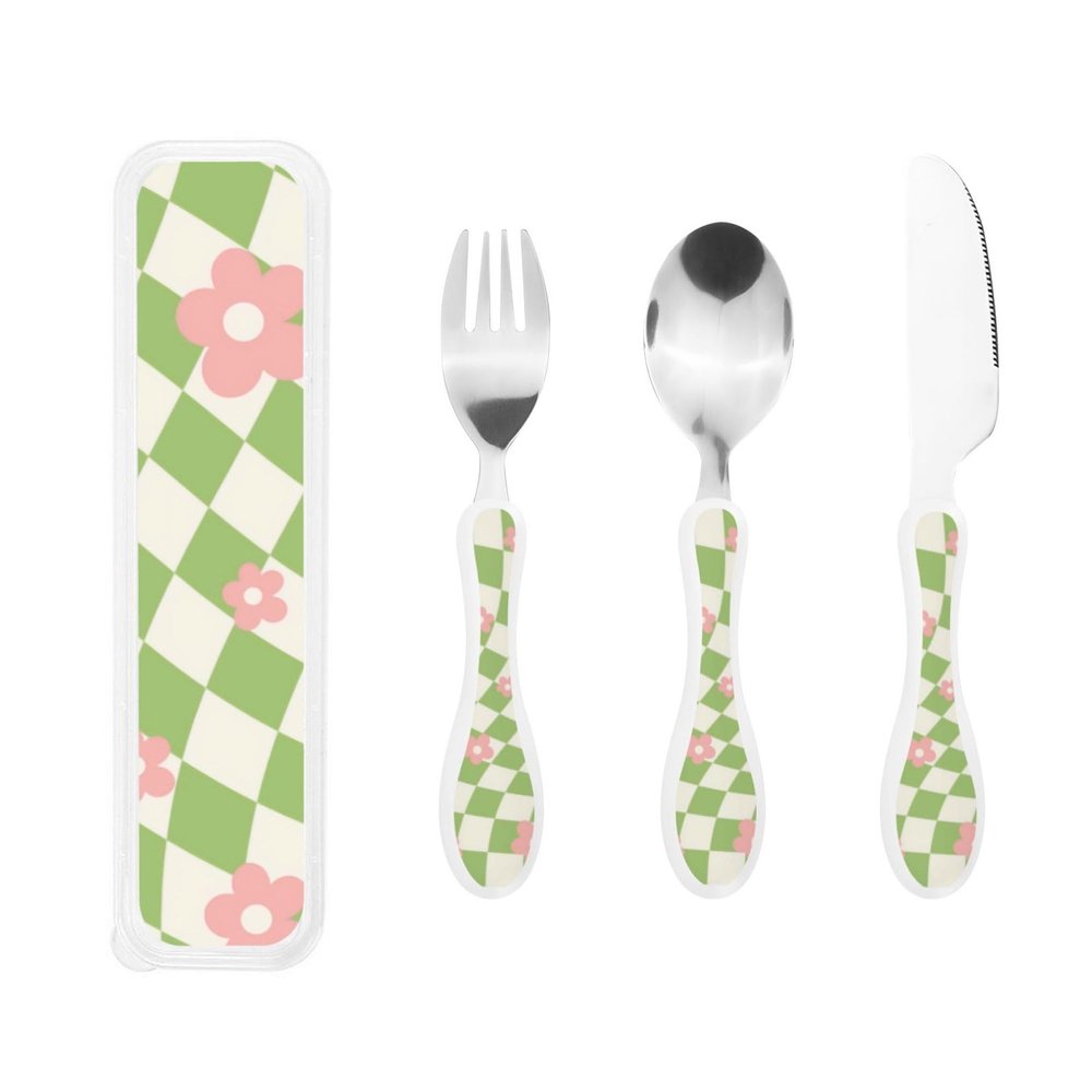 Green Pink Checkered Floral Gourd Handle Knife Fork Spoon Three Piece Set, Suitable For Carrying Outside