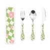 Green Pink Checkered Floral Gourd Handle Knife Fork Spoon Three Piece Set, Suitable For Carrying Outside view 1
