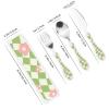 Green Pink Checkered Floral Gourd Handle Knife Fork Spoon Three Piece Set, Suitable For Carrying Outside view 2