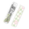 Green Pink Checkered Floral Gourd Handle Knife Fork Spoon Three Piece Set, Suitable For Carrying Outside view 4