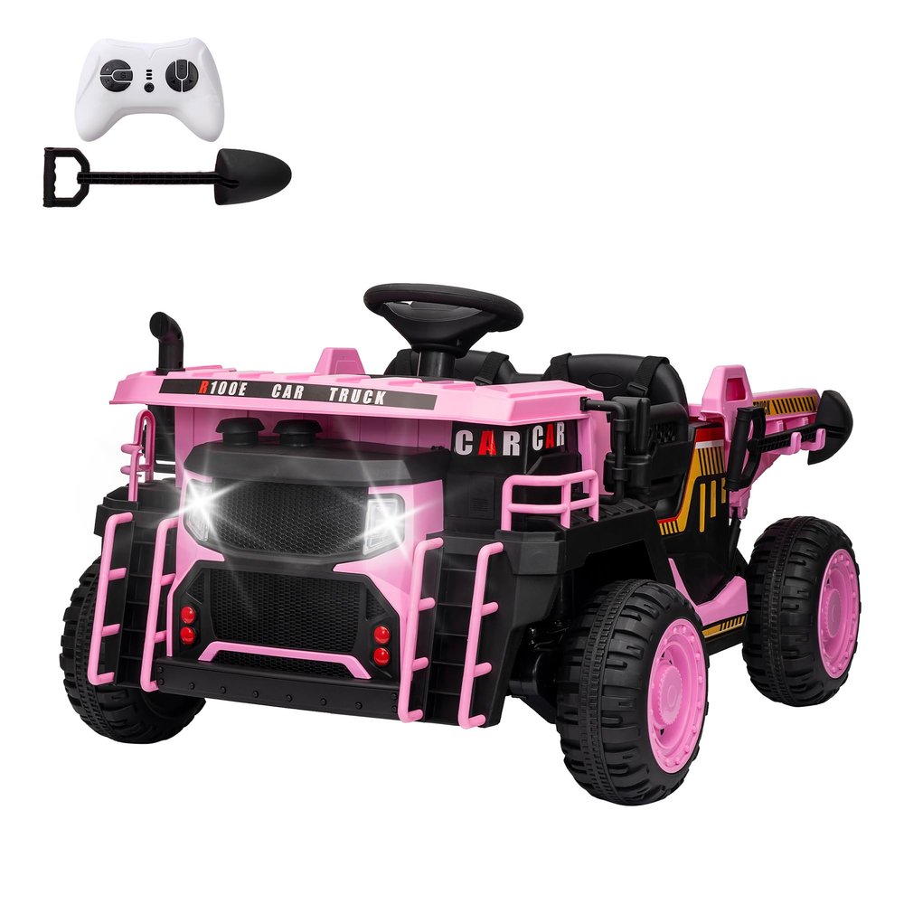 24V Kids Ride on Dump Truck with Electric Dump Bed, 2-Seater Electric Truck Car w/Remote Control, Shovel, Double Doors, 3 Speeds, Music, Horn, LED Lights for Kids-Pink