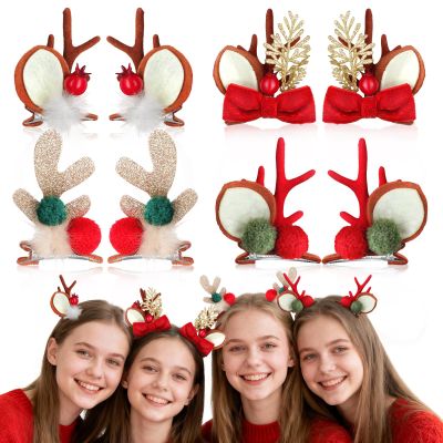 jojofuny Christmas Reindeer Hair Clips - 4Pcs Deer Ear Clips with Plush Ball, Christmas Hair Accessories for Women Girls, Antlers Headdress Hairpin Xmas Party Favors. 2.5 x 3 inch