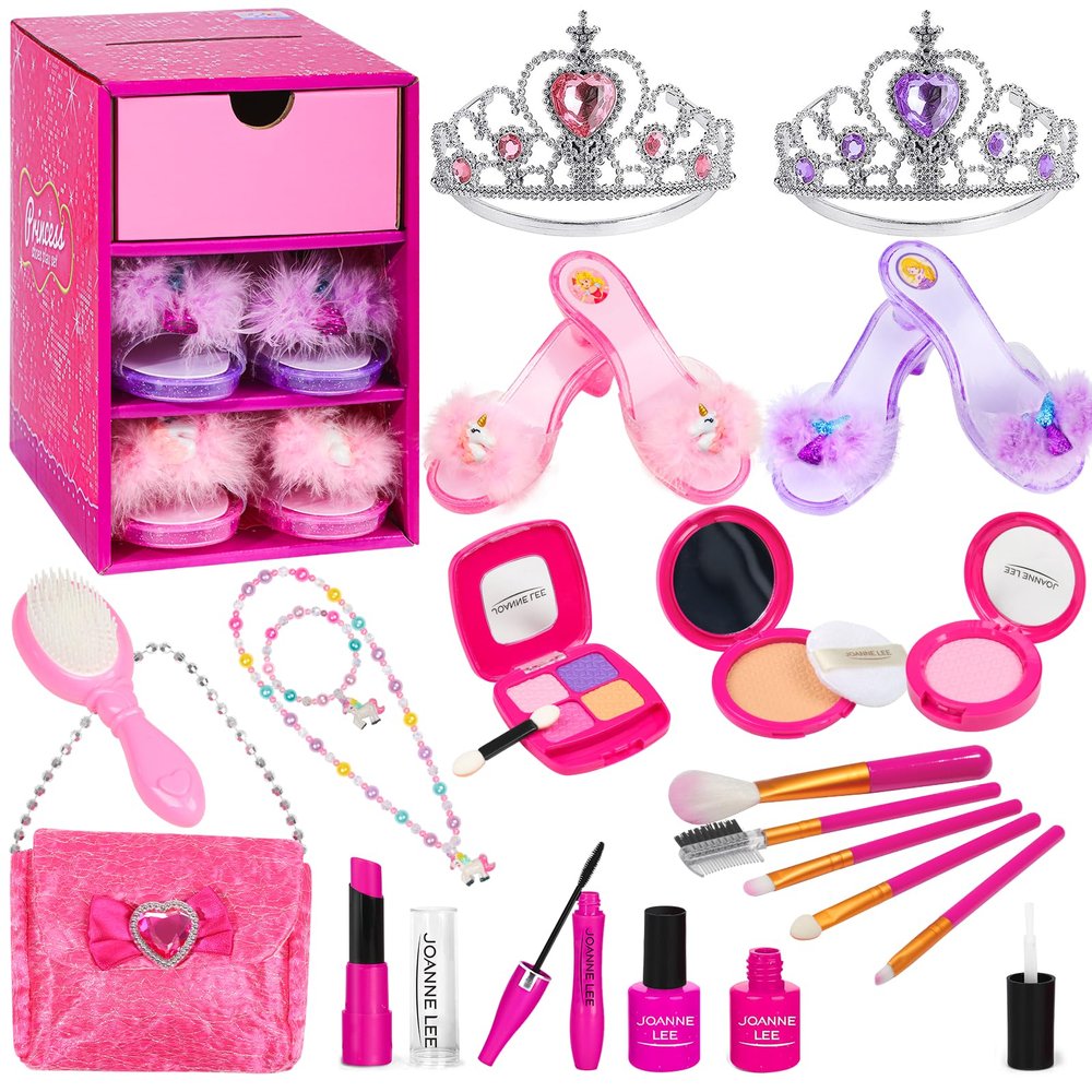 BIBUTY Kids Makeup Kit - Princess Dress Up Shoes, Crowns & Handbag - Pretend Play Fake Makeup Set for Girls, Ages 3-6