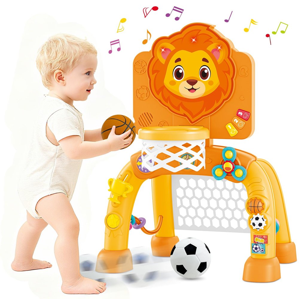 2 in 1 Basketball Hoop and Soccer Goal Set, Toddler Sports Toy for Indoor Outdoor Play, Perfect Christmas Birthday Gift for Baby Boys and Girls 1 2 3 Year OldLion Theme