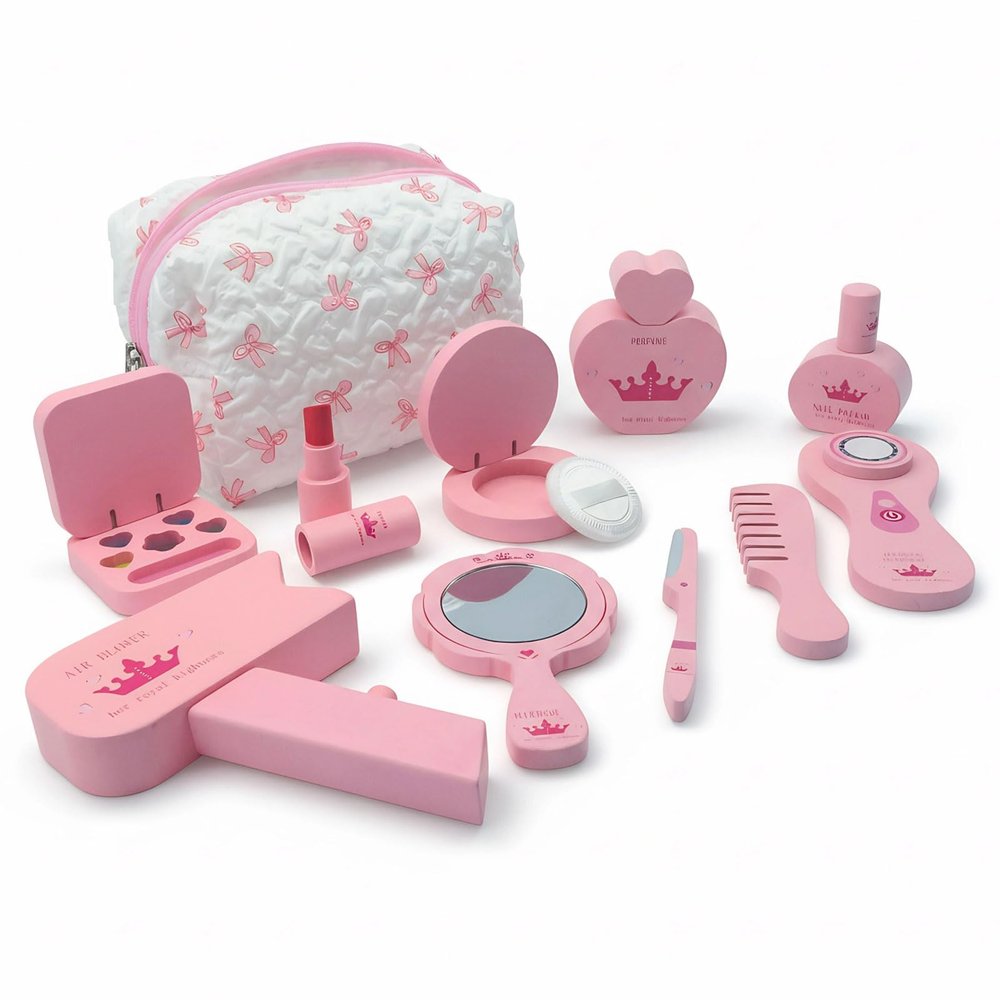 Wooden Makeup Toy Set Pretend Wood Beauty Realistic Toy Beauty Set for Toddler with Eyeshadow/ Mascara/ Perfume/ Blush/ Mirror/ Bag, Birthday Gifts for Girls Toys