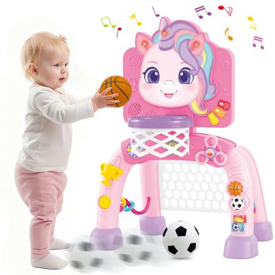 2 in 1 Basketball Hoop and Soccer Goal Set, Toddler Sports Toy for Indoor Outdoor Play, Perfect Christmas Birthday Gift for Baby Boys and Girls 1+Unicorn Theme