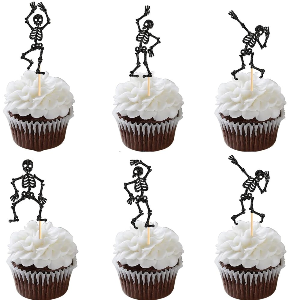 20 PCS Halloween Skull Cupcake Toppers - Happy Halloween Skull Dance Cupcake Decorations for Birthday Baby Shower Party Decorations