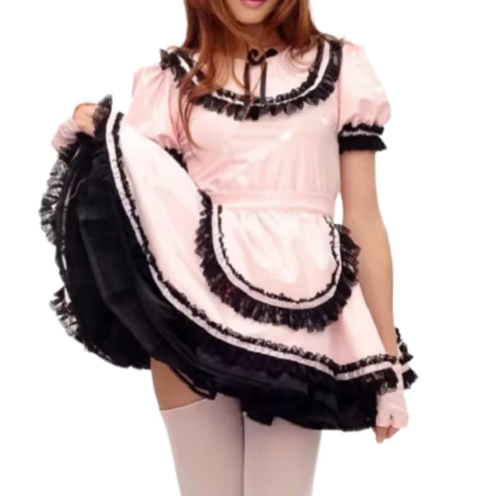 TIANMNUYTB Lockable Doll Neck Gothic Sissy Maid Dress Pink Black PVC Unisex for Daily Wear Halloween Club Party