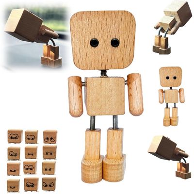 Charming Little Wooden Figure That Sways with 12PCS Magnetic Expressions, Handcrafted Shaking Wooden Man Figurine Shaking Body Woodens Doll, Funny Shaking Body Man Figure for Desktop Decor