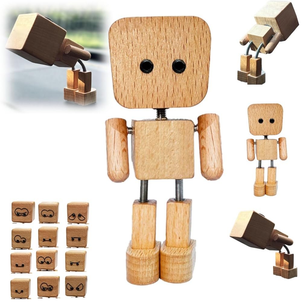 Charming Little Wooden Figure That Sways with 12PCS Magnetic Expressions, Handcrafted Shaking Wooden Man Figurine Shaking Body Woodens Doll, Funny Shaking Body Man Figure for Desktop Decor