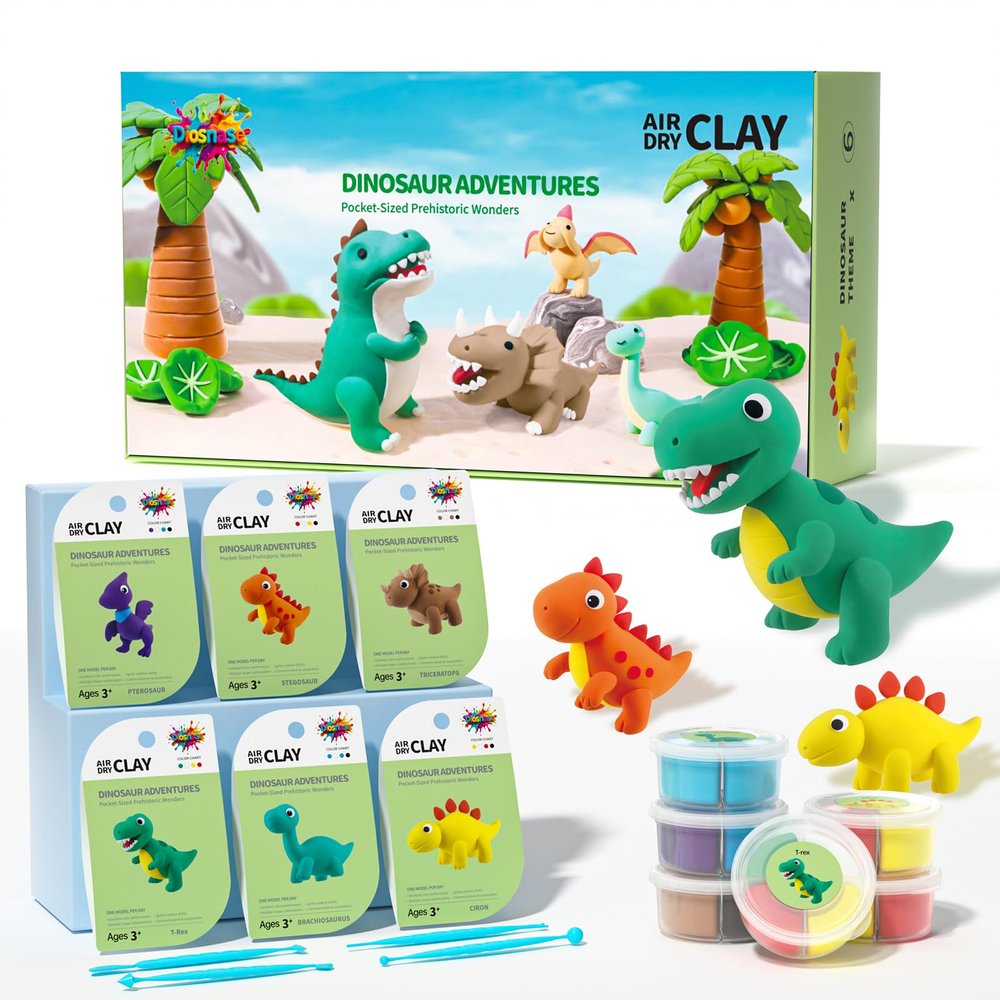 Air Dry Clay for Kids - 6 Dinosaur Themed Modeling Clay Kit, Model Magic Clay with Sculpting Tools and Tutorials, Ultra Light & Soft, Non-Toxic & Safe, DIY Arts and Crafts School Projects for Kids