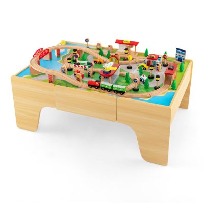 HONEY JOY Train Table, Wooden Kids Activity Table with Storage, 84 Multicolor Pieces, Tracks, Trains, Cars, Toddler Toy Train Table Set w/Reversible Tabletop, for Boy Girl Ages 18 Months+, Natural