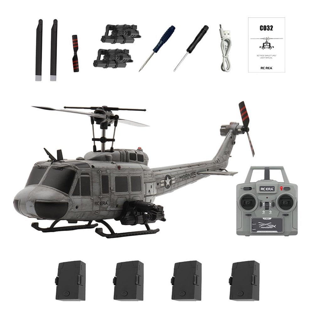 C032 UH-1 Huey Remote Control Helicopter for Adults, 1/48 2.4G 6CH RC Helicopter without Aileron, 3D Stunt RC Airplane with Intelligent Positioning, Optical Flow & TOF Stabilization - 4 Battry