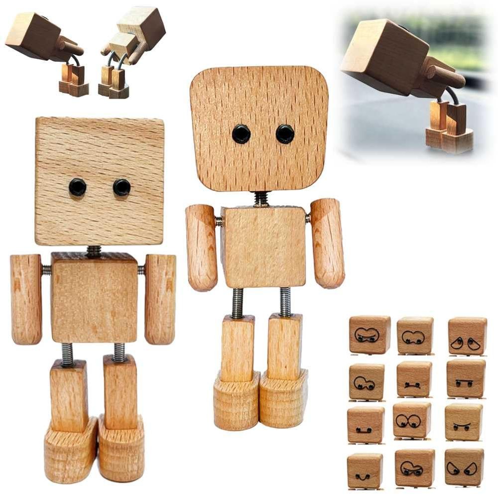 2PCS Shaking Wooden Man Figurine,Handmade Shaking Feet Wooden Doll with 12 Magnetic Decorations,Funny Wood Desktop Bobblehead Car Dashboard Decor,Stand in Car Ornaments Action Figure