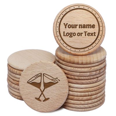 30 PCS Custom Wooden Tokens with Laser Engraved Personalized Drink Token with Your Logo, Image & Text 40MM Double Sided Printed Drink Chips Wooden Round Tokens for Party,Wedding,Bar,Corporate Events