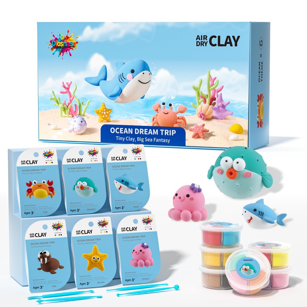 Air Dry Clay for Kids - 6 Ocean Themed Modeling Clay Kit, Model Magic Clay with Sculpting Tools and Tutorials, Ultra Light & Soft, Non-Toxic & Safe, DIY Arts and Crafts School Projects for Kids