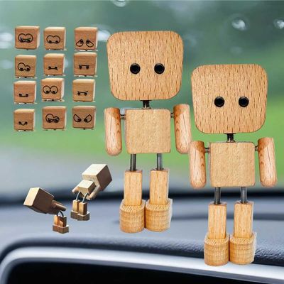 2PCS Shaking Wooden Man Figurine,Handmade Shaking Feet Wooden Doll with 12 Magnetic Decorations,Funny Wood Desktop Bobblehead Car Dashboard Decor,Travel Commutes & Home Desk Accessories