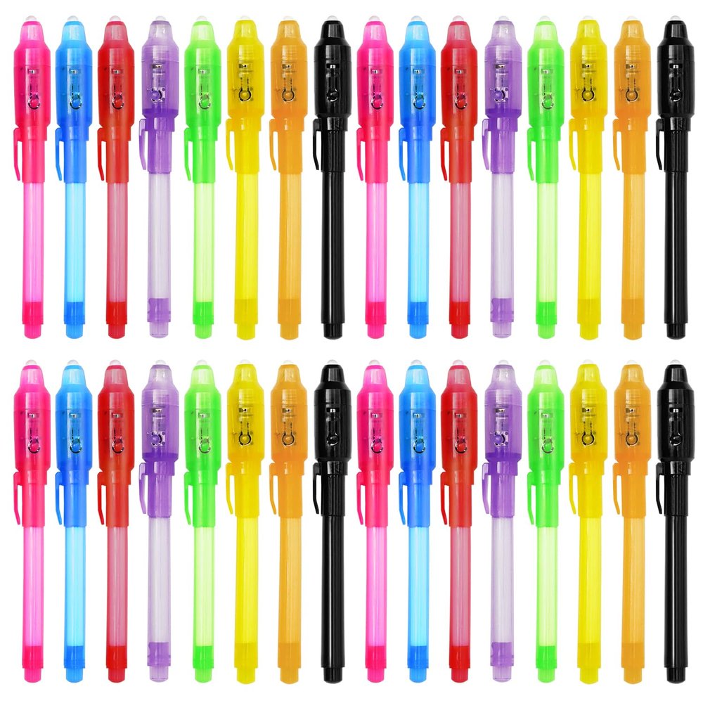 TIDALJAM 32 Pack Invisible Ink Pens with UV Light, 8 Colors Glow  Secret Message Writing Detective Party Favors, Birthday Christmas Halloween Goodie Bag Stuffers Classroom Prizes School Supplies