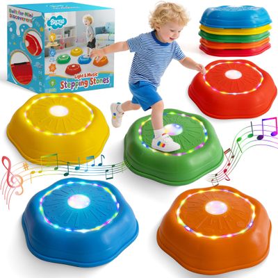 Brezlio Musical Stepping Stones for Kids - 7 Piano & Drum Tones, Flashing Colorful Lights for Toddler Balance & Sensory Development | Indoor/Outdoor Play Equipment for Ages 3-5