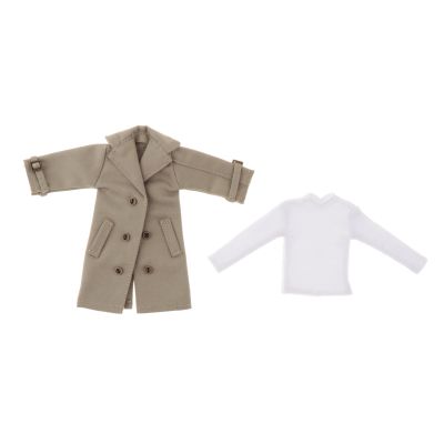 1/12 Scale Male Action Figure Clothes Trench Coat Double Breasted Solid Color Costume Accessories with Long Sleeve Undershirt- Green