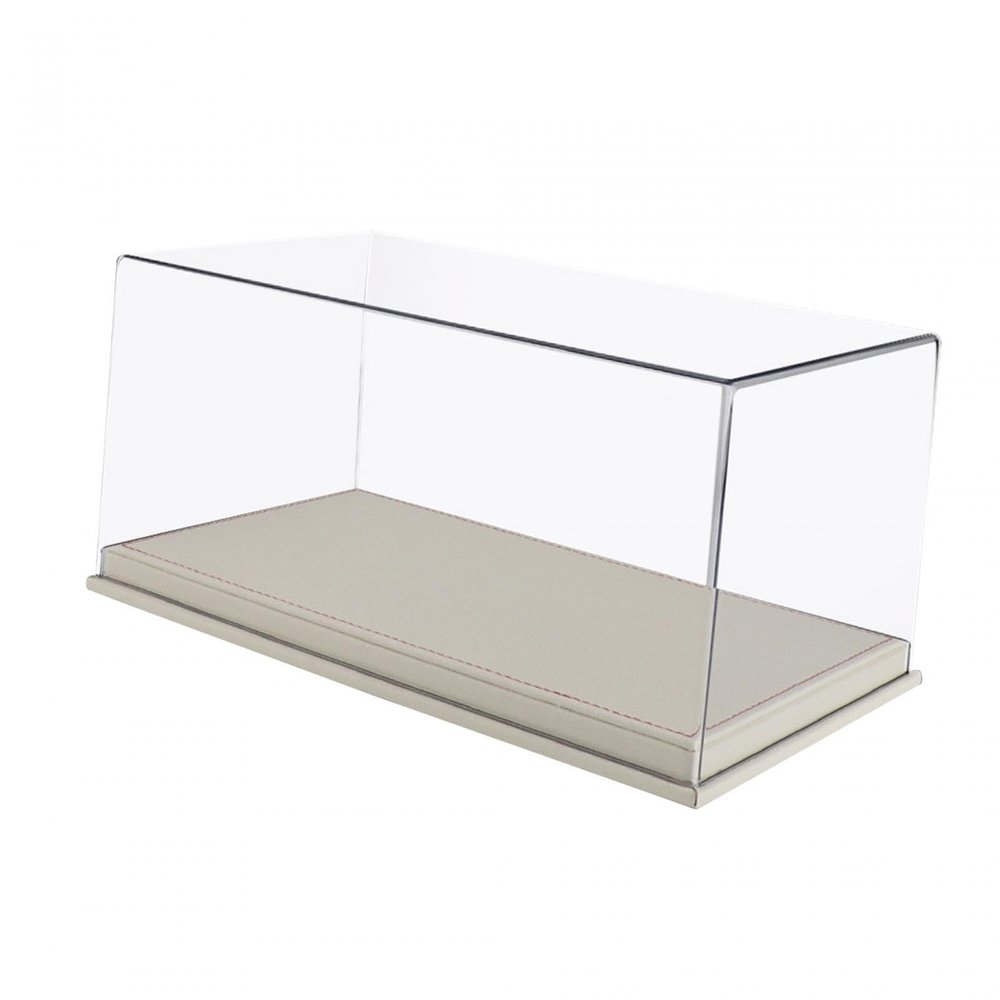 1/24 Scale Diecast Car Display Case with Clear PVC Cover, Wooden Base and PU Leather, 11.02x6.30x5.12 inch Display Stand for Model Car Collection- White