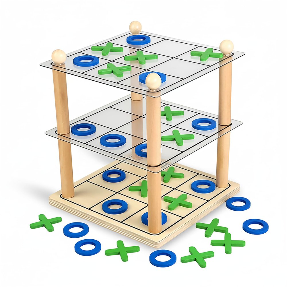 3D Ultimate Wooden Tic Tac Toe Board Game Classic XO Strategy Game for Kids & Adults, Fun Family Table Games Night, Durable Wooden Tabletop Game