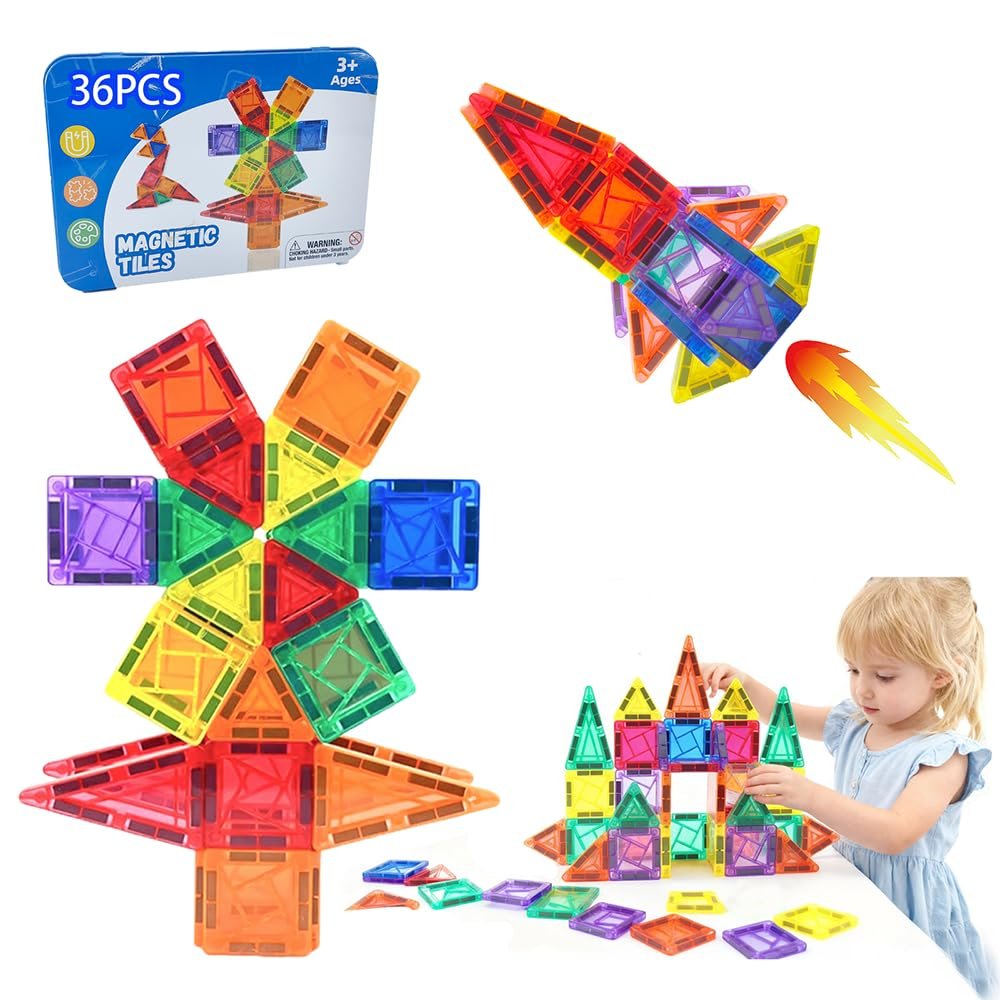 BHXGLWK 36PCS Mini Travel Magnetic Tiles Set with Iron Box, Portable STEM Building Blocks for Kids Ages 3-8, Educational Construction Toy, Learning Travel Gifts for Boys & Girls
