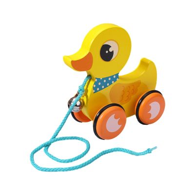 Wooden Pull Along Toy with Bell for Toddlers 1-3 Years, Handmade Push and Pull Activity Toy with String for Indoor Outdoor Play- Duck