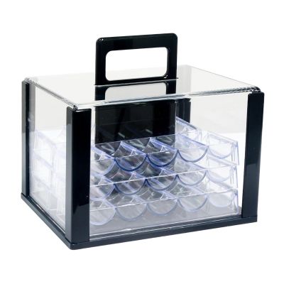 Chip Case Organizer 600pcs Capacity Transparent Acrylic Storage Box with Handle for Poker Chips Games Accessories 9.45x7.48x6.30inch- with 6pcs 40mm Trays