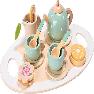 Wooden Pretend Play Tea Set for Kids, Mint Green Polka Dot, 12 Pieces with Teapot, Cups, Saucers, Cookies, Serving Tray, Educational Role Play Toy for Children