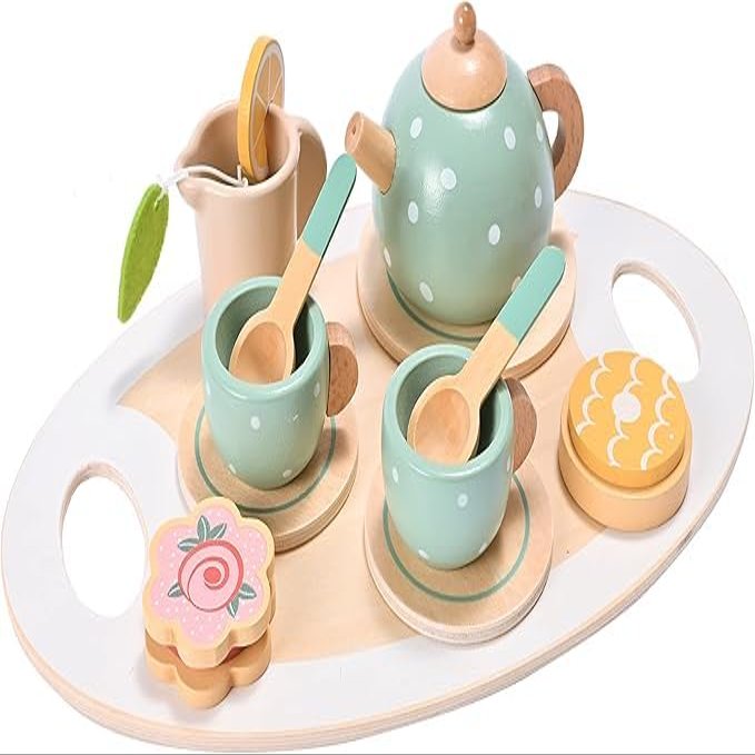 Wooden Pretend Play Tea Set for Kids, Mint Green Polka Dot, 12 Pieces with Teapot, Cups, Saucers, Cookies, Serving Tray, Educational Role Play Toy for Children