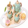 Wooden Pretend Play Tea Set for Kids, Mint Green Polka Dot, 12 Pieces with Teapot, Cups, Saucers, Cookies, Serving Tray, Educational Role Play Toy for Children view 1